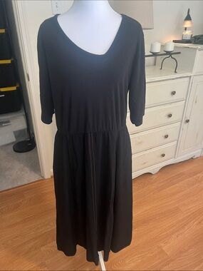 Peace Love World Black V-Neck Midi Dress with Elbow Sleeves